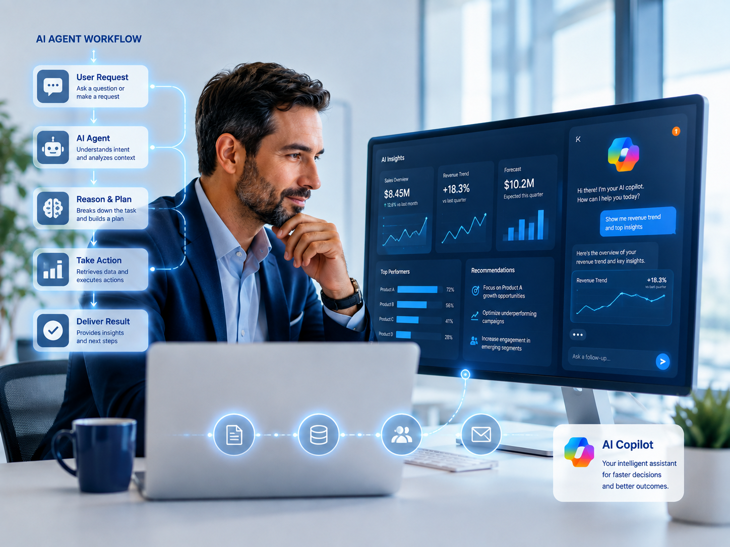 Executive reviewing AI insights with Microsoft Copilot